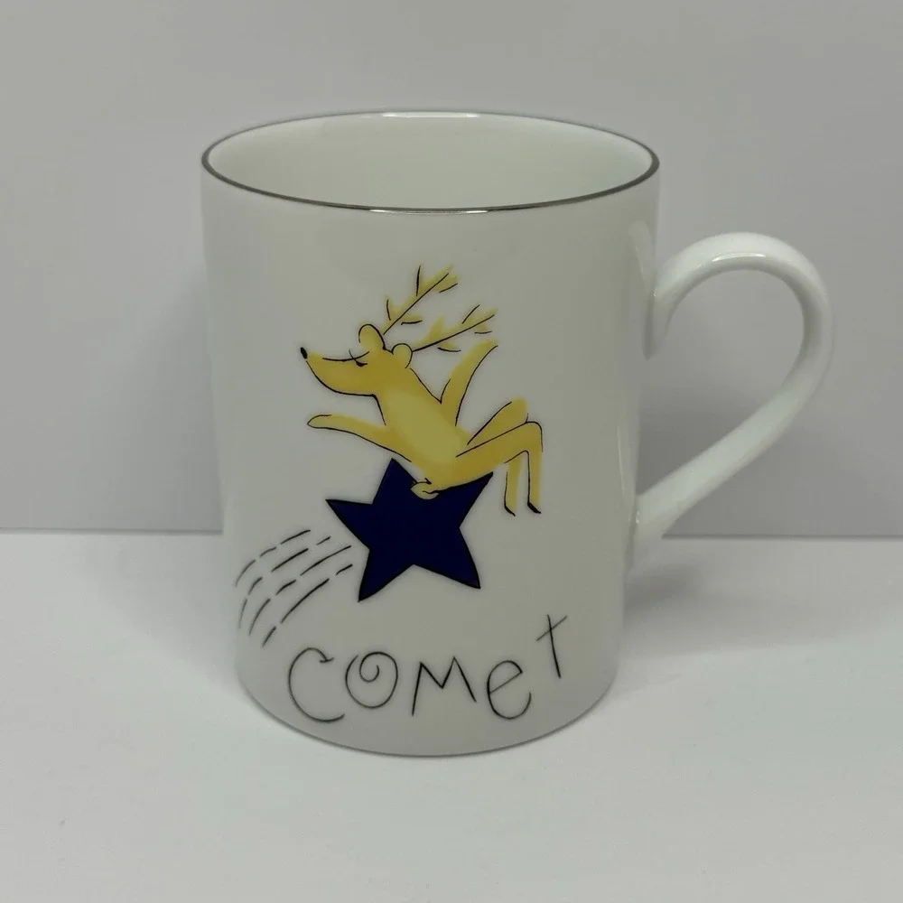 Pottery Barn Reindeer Mugs 12 Oz Silver Trim Lot‎ Of 3 Donner Comet Cupid